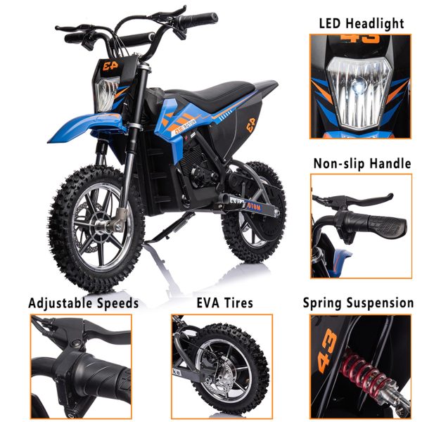 Moto tout-terrain électrique enfant 36 V, 350 W, 25 km/h, LED, poids max. 79 kg – Bleue - Enhanced