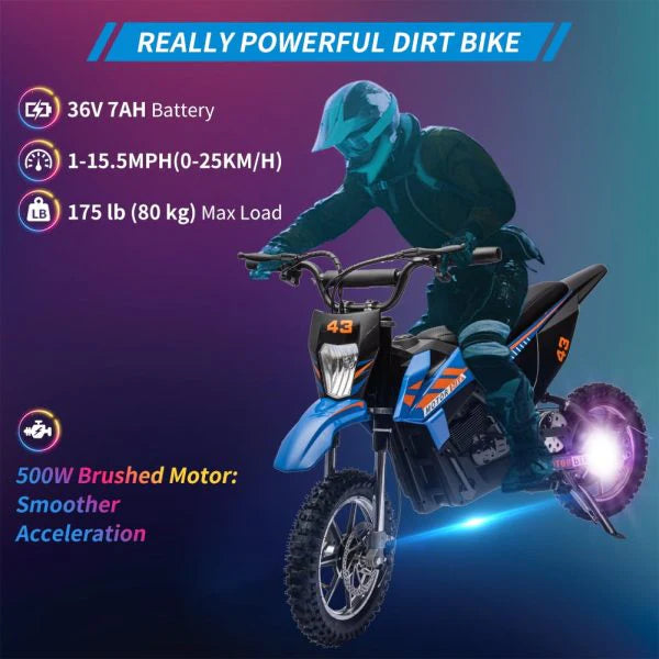 Moto tout-terrain électrique enfant 36 V, 350 W, 25 km/h, LED, poids max. 79 kg – Bleue - Enhanced