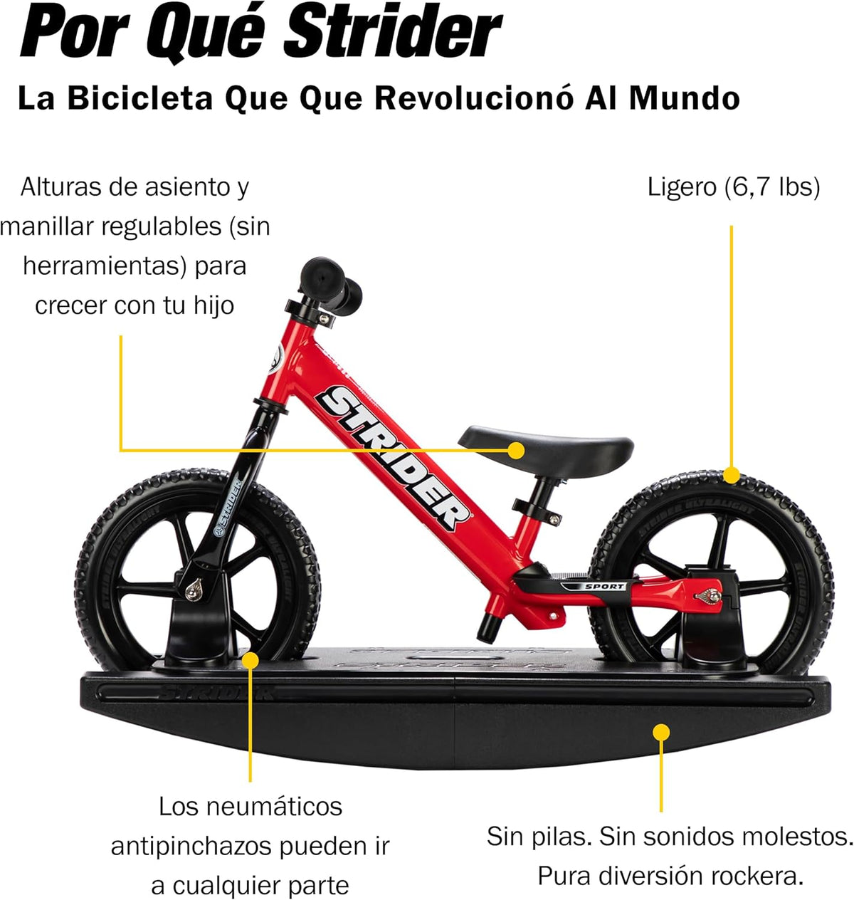 Draisienne Strider 12" + Base à bascule - Aide bébé à apprendre à faire du vélo d'équilibre - Pour les enfants de 6 mois à 4 ans - Montage et réglages faciles - Enhanced