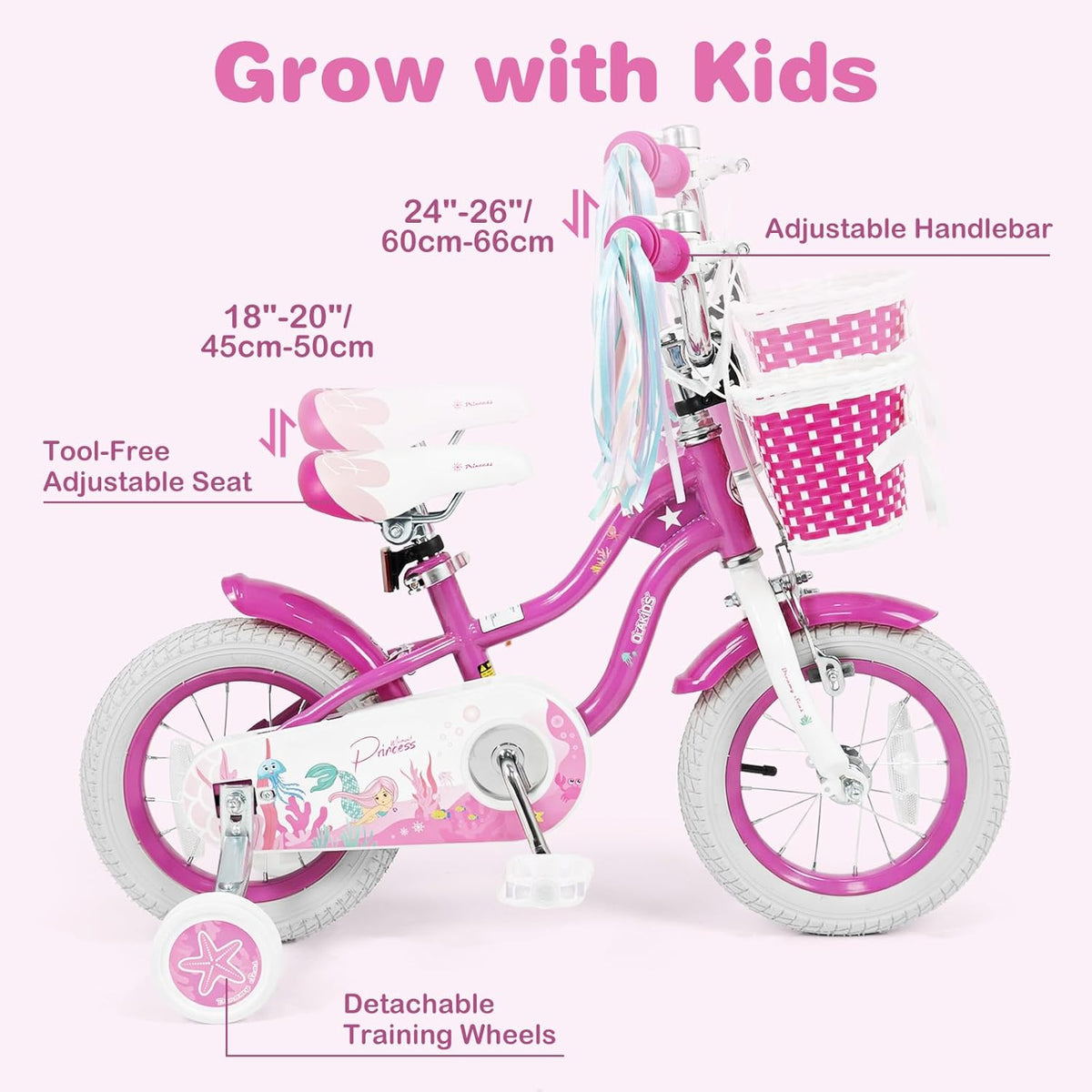 Vélo enfant Olakids, 12, 14, 16, 18 et 20 pouces, thème sirène, avec stabilisateurs, panier, selle et guidon réglables, double frein - Enhanced