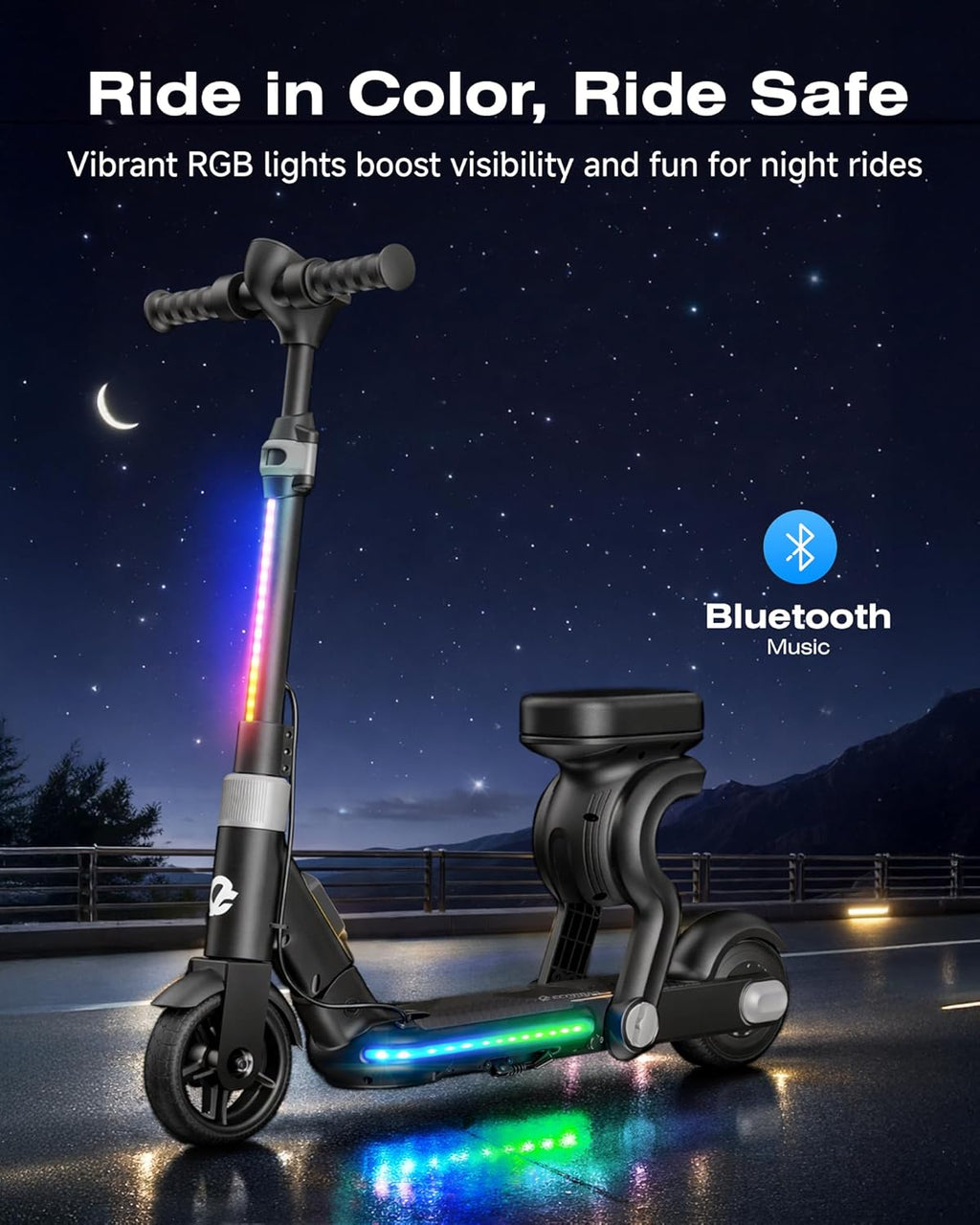 Trottinette électrique 2-en-1 pour enfants ECOROAD EK8, moteur de 200 W, autonomie de 14,5 km, vitesse maximale de 16 km/h, double système de freinage, musique Bluetooth, pliable et hauteur réglable, pour les enfants de 6 à 12 ans (noire) - Enhanced