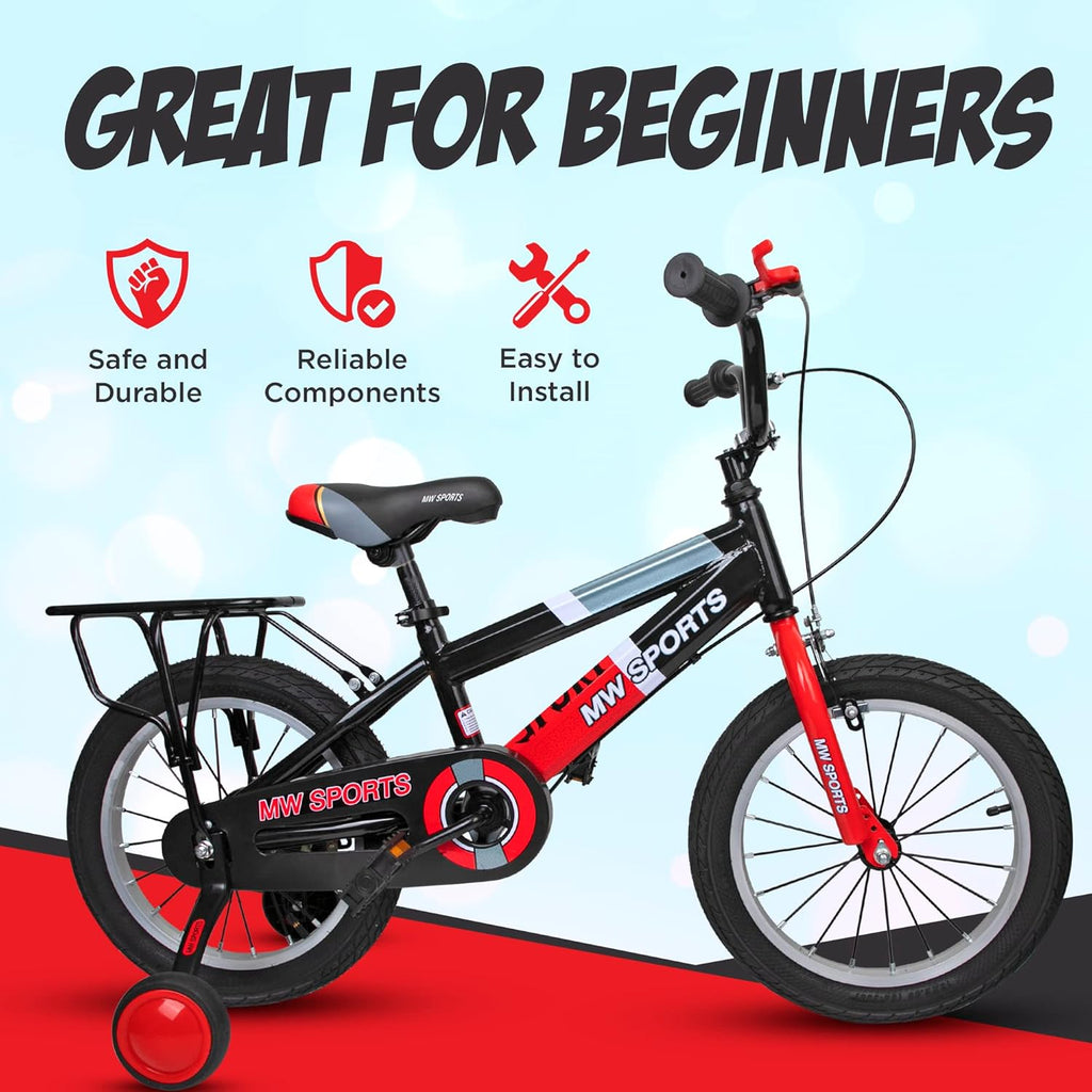 Vélo enfant MW Sports 16 pouces avec stabilisateurs amovibles, freins à main et porte-bagages arrière pour les enfants de 4 à 6 ans. - Enhanced