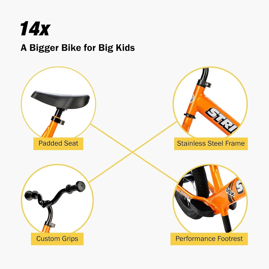 Strider 14x Classic, draisienne pour enfants de 3 à 6 ans - Comprend des poignées personnalisées, un siège rembourré, un repose-pieds performant et des pneus tout usage - Montage et réglages faciles - Enhanced