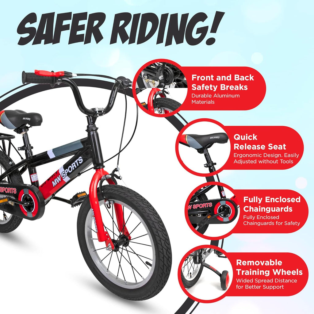 Vélo enfant MW Sports 16 pouces avec stabilisateurs amovibles, freins à main et porte-bagages arrière pour les enfants de 4 à 6 ans. - Enhanced