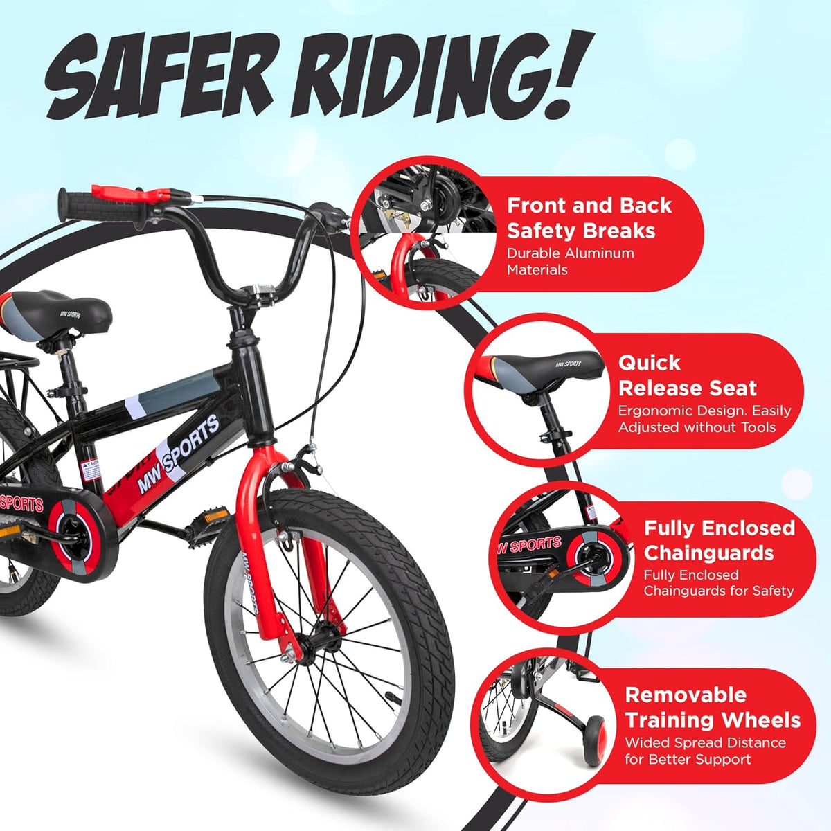 Vélo enfant MW Sports 16 pouces avec stabilisateurs amovibles, freins à main et porte-bagages arrière pour les enfants de 4 à 6 ans. - Enhanced