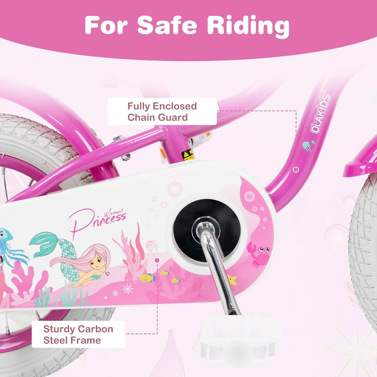 Vélo enfant Olakids, 12, 14, 16, 18 et 20 pouces, thème sirène, avec stabilisateurs, panier, selle et guidon réglables, double frein - Enhanced