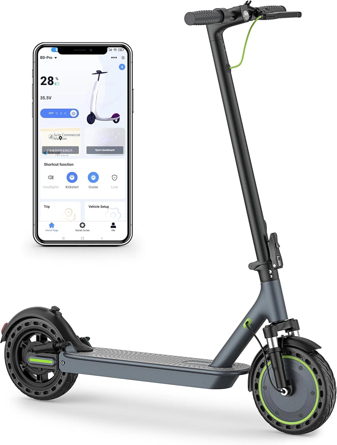 Trottinette électrique - Pneus pleins 8,5 pouces, moteur 350 W, vitesse maximale de 30 km/h et autonomie de 34 à 37 km. Trottinette pliable et portable pour adultes, avec double système de freinage et application (10 pieds, 500 W, 43 km, double