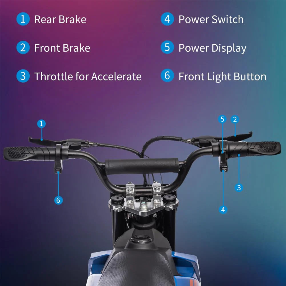 Moto tout-terrain électrique enfant 36 V, 350 W, 25 km/h, LED, poids max. 79 kg – Bleue - Enhanced