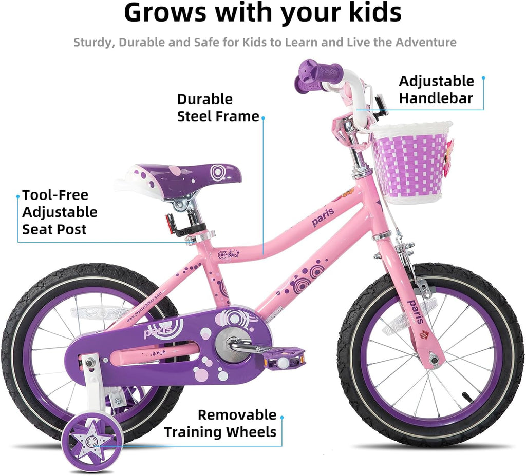 Vélo JOYSTAR Paris pour filles de 3 à 8 ans, 14, 16 et 18 pouces, avec stabilisateurs, panier et frein à main, plusieurs couleurs - Enhanced