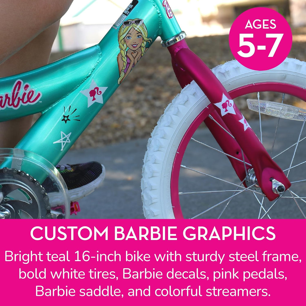 Vélo pour filles Dynacraft Barbie 16 pouces pour enfants de 5 à 7 ans - Design amusant et élégant, robuste et durable, parfait pour les enfants qui apprennent à faire du vélo, facile à assembler, idéal pour les jeunes cyclistes - Enhanced