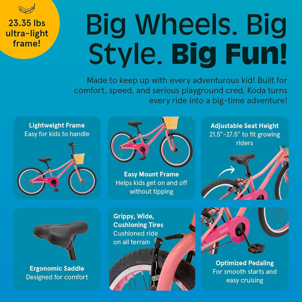 Vélo enfant Retrospec Koda Plus pour garçons et filles de 6 à 8 ans - Vélo enfant 20 pouces, selle et guidon réglables - Enhanced