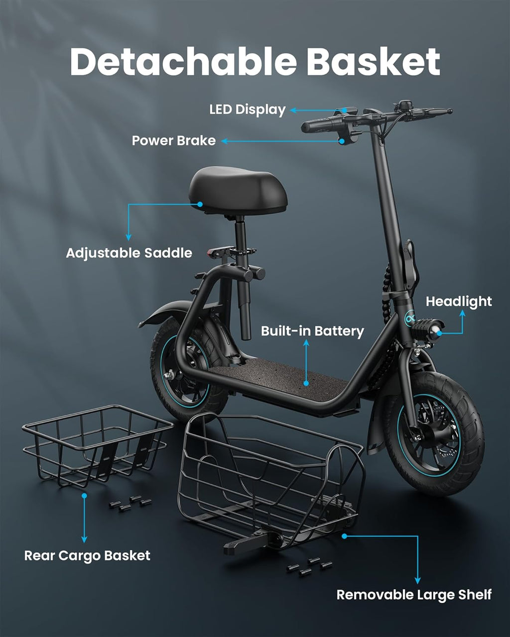 Trottinette électrique avec grand panier, moteur de 550 W - Enhanced