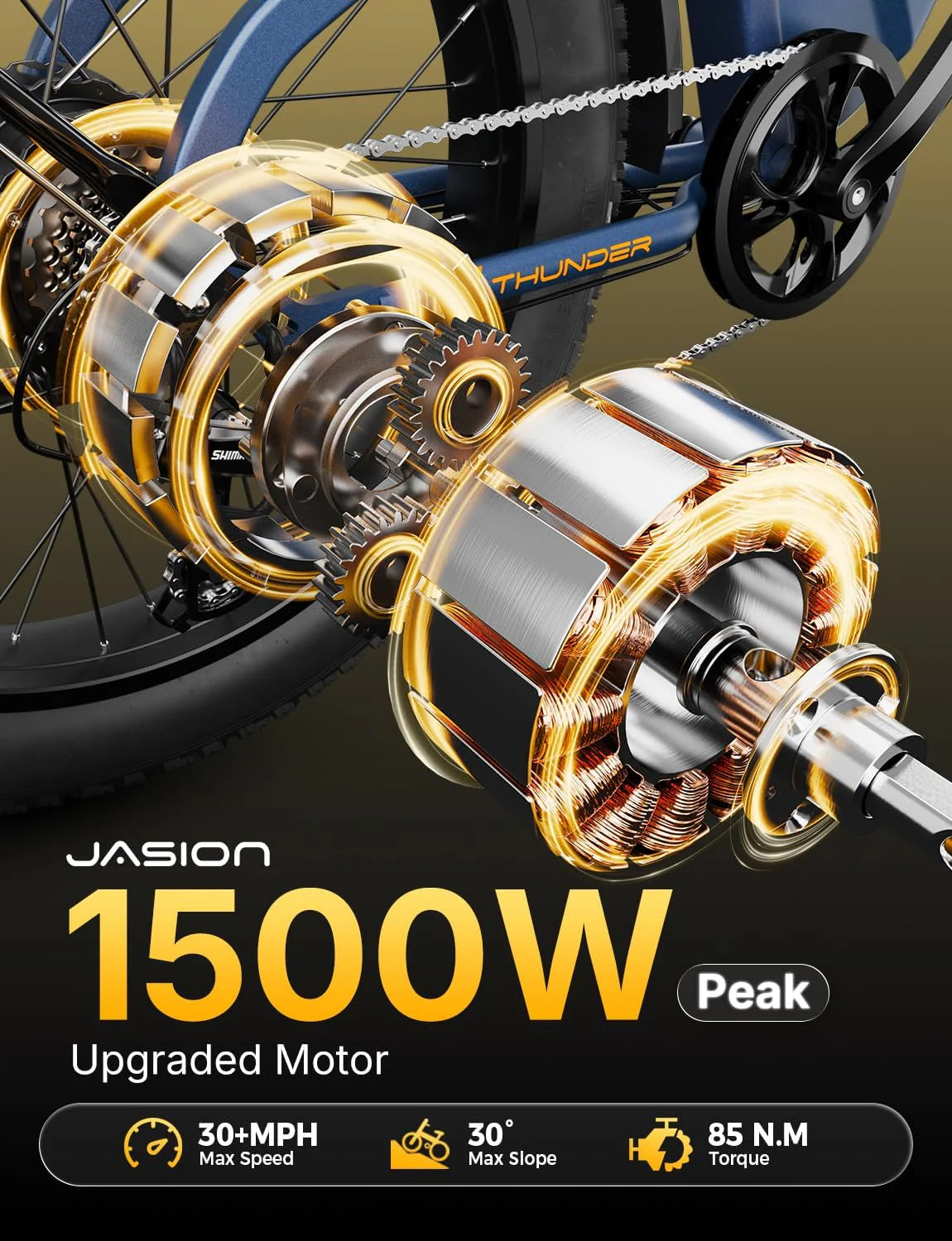Vélo électrique Thunder 1500 W, vitesse supérieure à 48 km/h, autonomie de 129 km, pneus larges, freins à disque hydrauliques - Enhanced