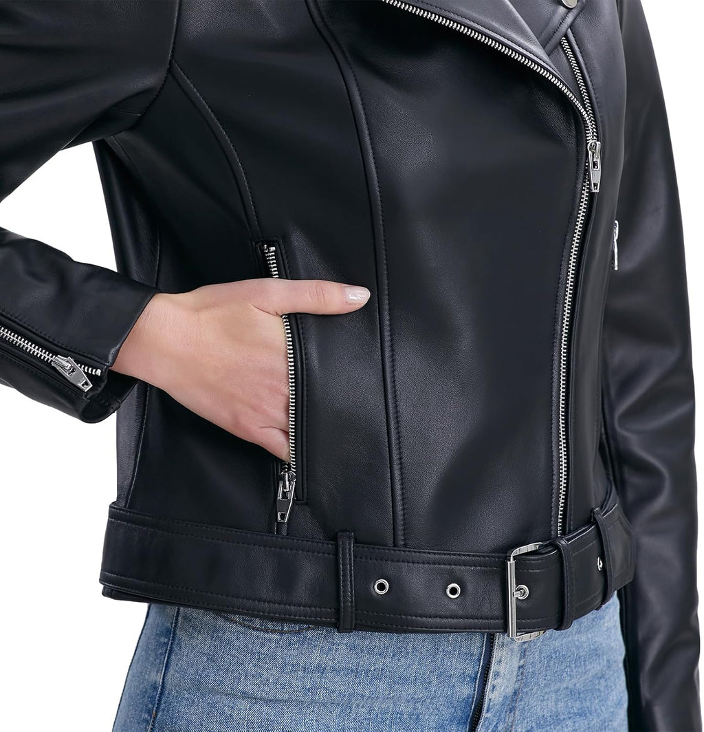 Veste en cuir d'agneau pour femme SILVER FASHIONS, blouson de moto, style classique asymétrique zippé, ceintures à boucle, poches multiples - Enhanced