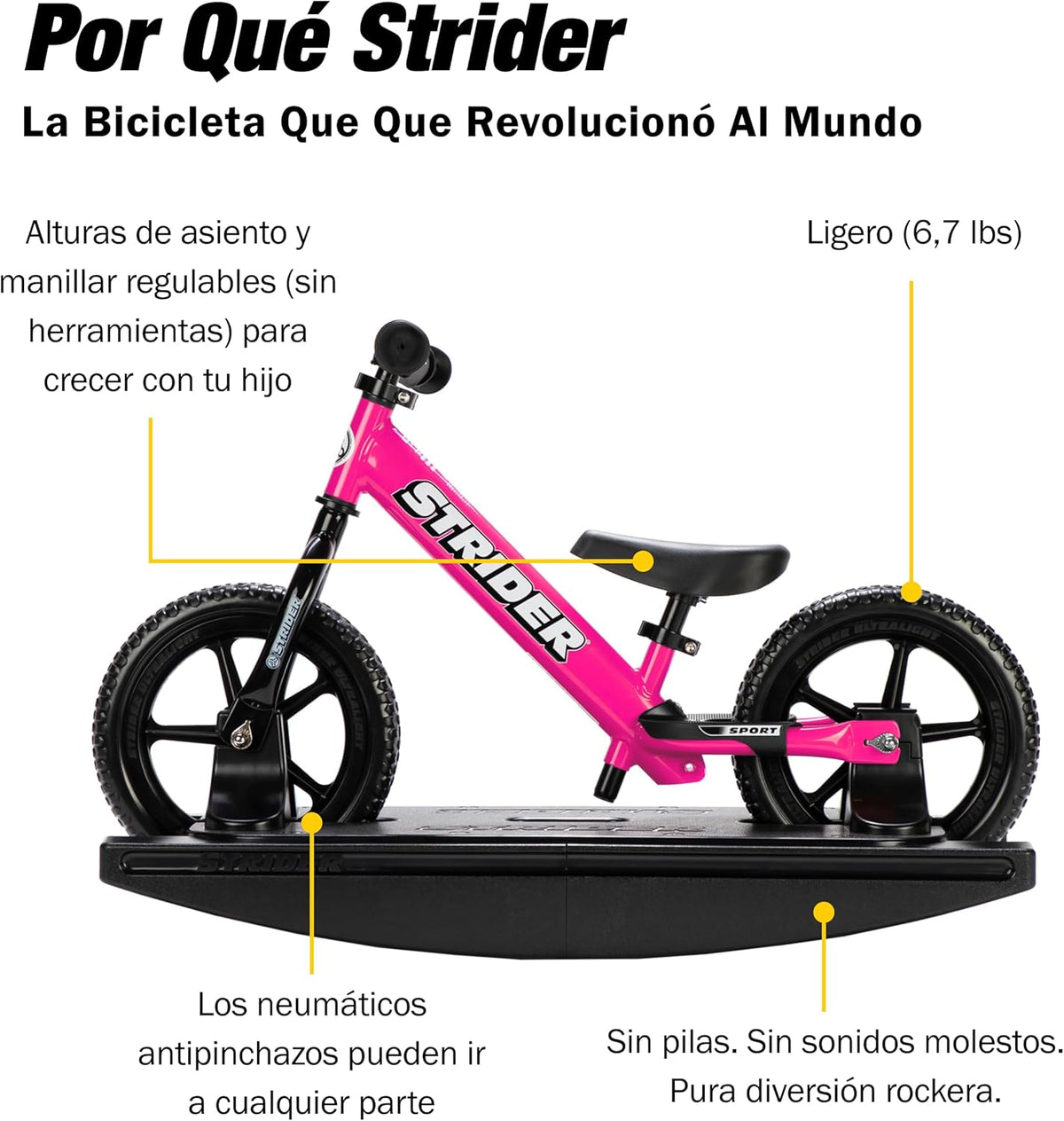 Draisienne Strider 12" + Base à bascule - Aide bébé à apprendre à faire du vélo d'équilibre - Pour les enfants de 6 mois à 4 ans - Montage et réglages faciles - Enhanced
