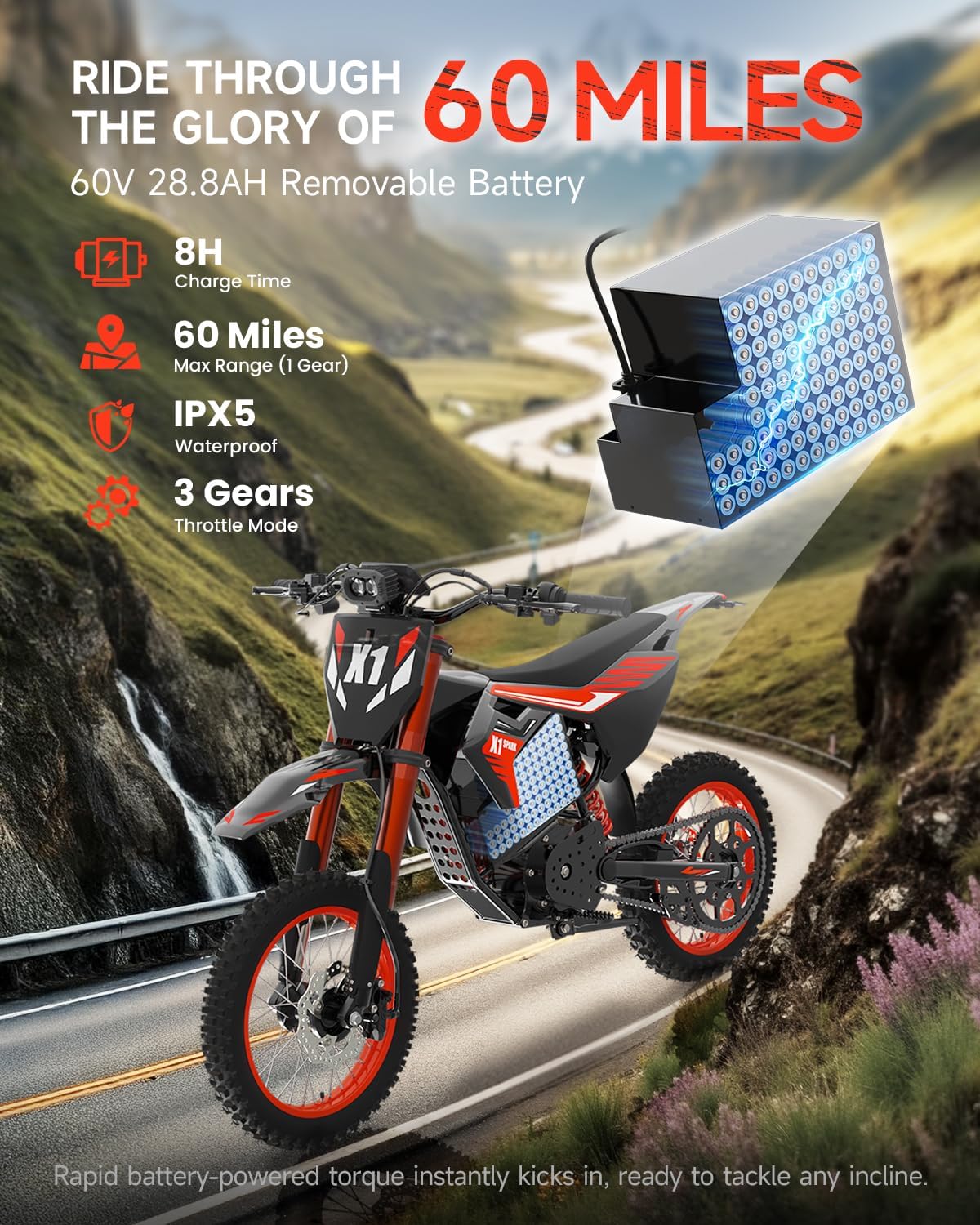 Moto électrique tout-terrain X1 Spark, moteur central de 4500 W (crête), batterie 60 V 28,8 Ah, vitesse maximale de 80 km/h et autonomie de 96 km, VTT électrique tout-terrain à suspension intégrale pour adolescents et adultes de 13 ans et plus, 3