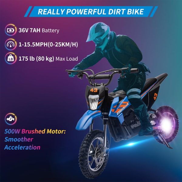 Moto tout-terrain électrique enfant 36 V, 350 W, 25 km/h, LED, poids max. 79 kg – Bleue - Enhanced