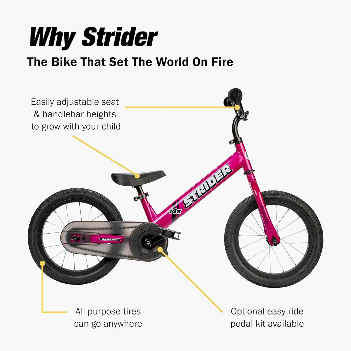 Strider 14x Classic, draisienne pour enfants de 3 à 6 ans - Comprend des poignées personnalisées, un siège rembourré, un repose-pieds performant et des pneus tout usage - Montage et réglages faciles - Enhanced