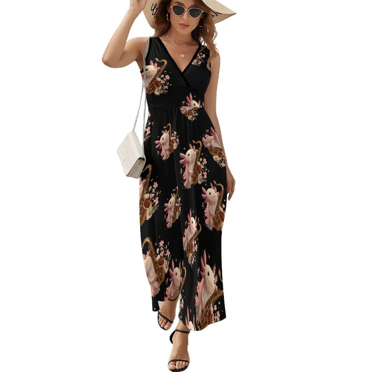Robe d'été sans manches pour femme, col V, style maxi, motif axolotl jouant du saxophone. Robe décontractée.