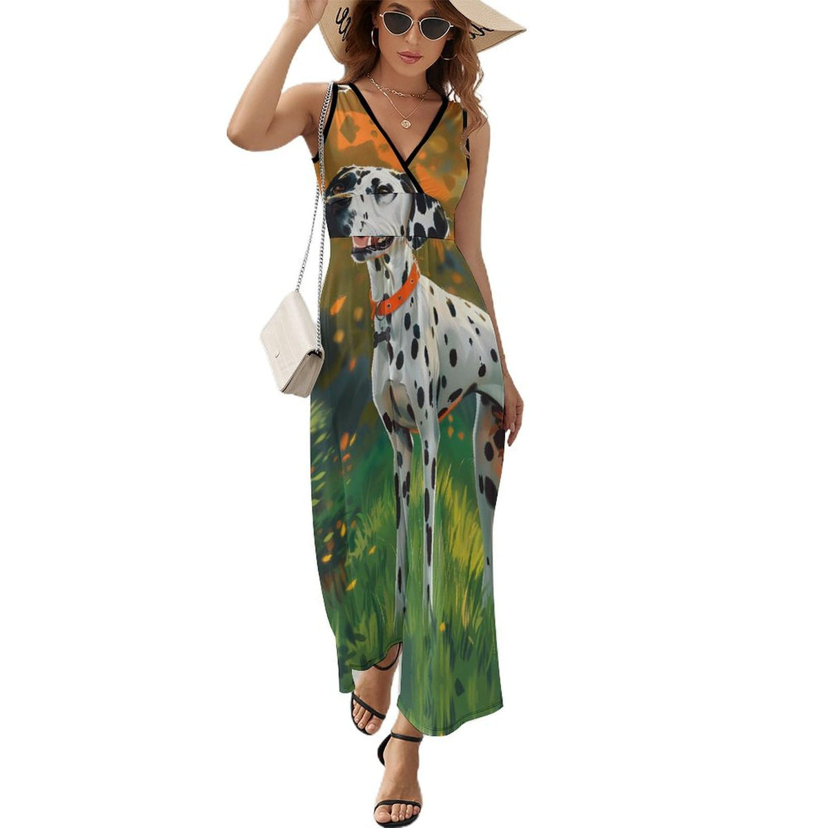 Robe longue sans manches à imprimé dalmatien pour femme, col en V, style décontracté.