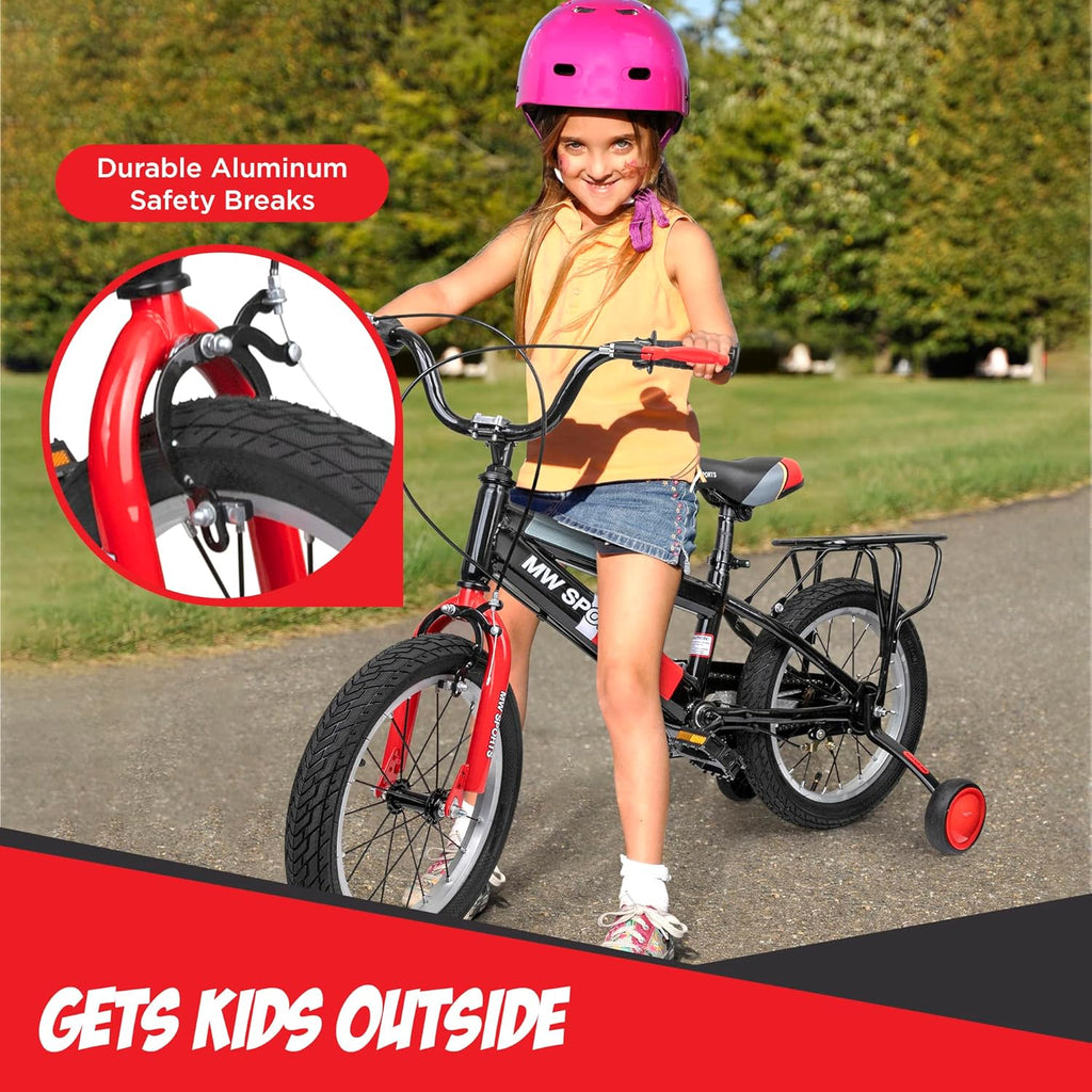 Vélo enfant MW Sports 16 pouces avec stabilisateurs amovibles, freins à main et porte-bagages arrière pour les enfants de 4 à 6 ans. - Enhanced
