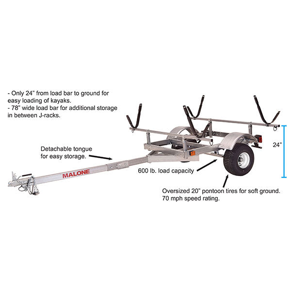 Ensemble remorque pour kayak Malone LowMax 2, capacité de 272 kg, acier galvanisé, feux à DEL, pneus homologués pour une vitesse de 113 km/h - Enhanced