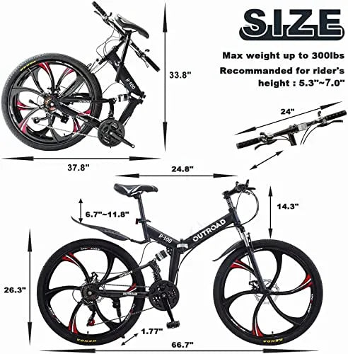 VTT pliant Outroad 26 pouces pour adulte, 21 vitesses, double suspension. - Enhanced