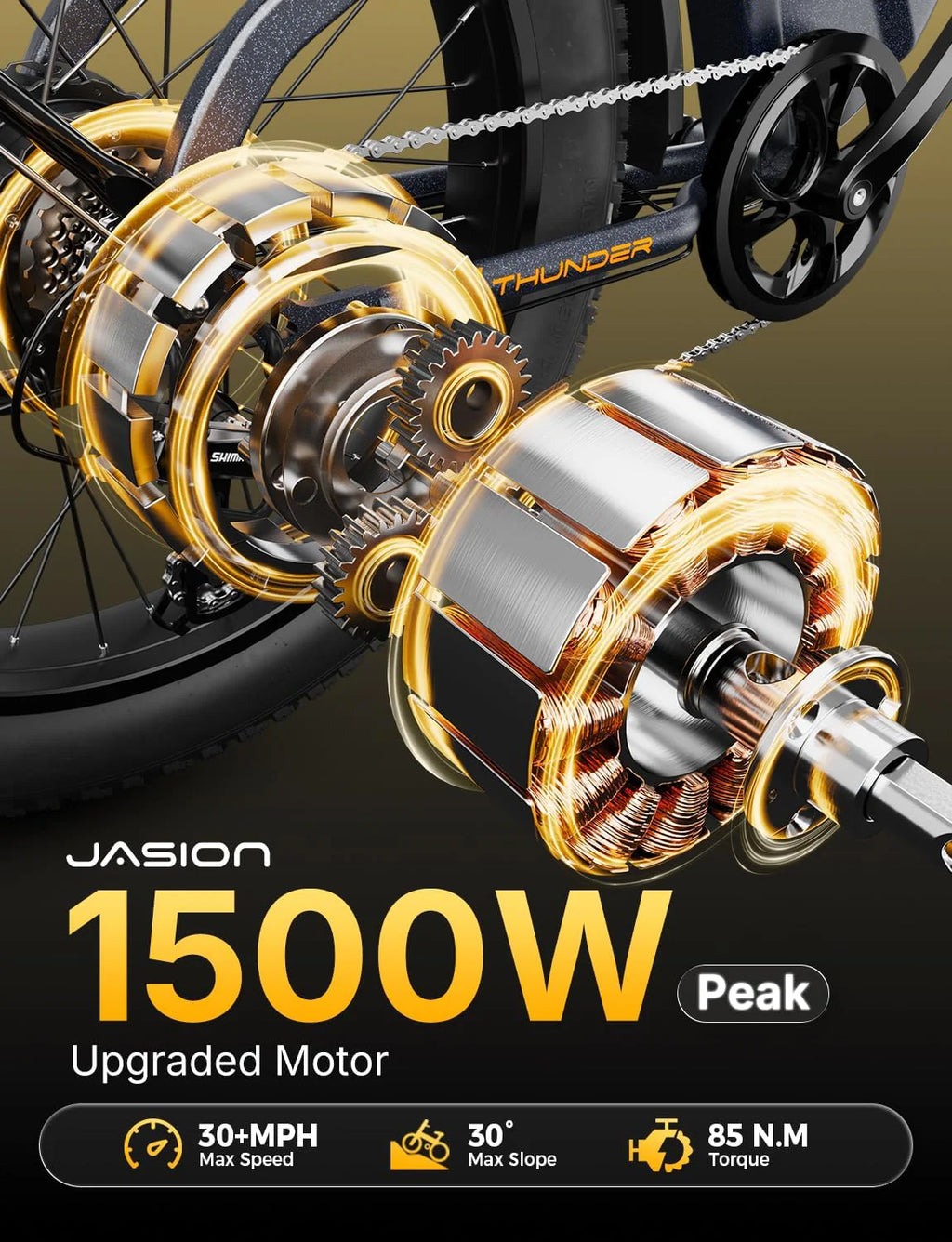 Vélo électrique Thunder 1500 W, vitesse supérieure à 48 km/h, autonomie de 129 km, pneus larges, freins à disque hydrauliques - Enhanced