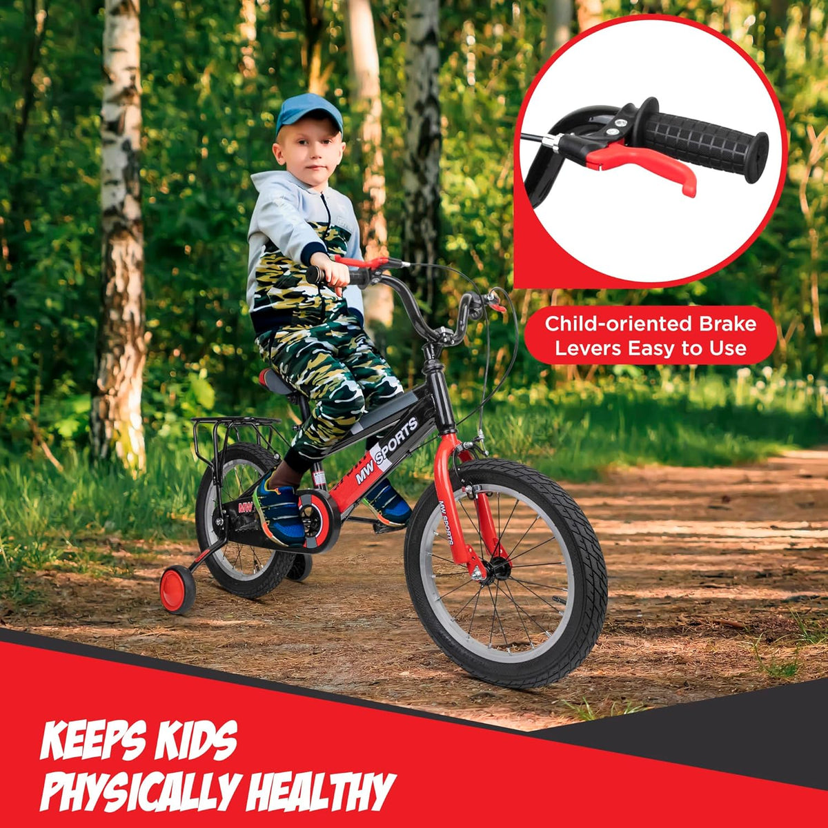 Vélo enfant MW Sports 16 pouces avec stabilisateurs amovibles, freins à main et porte-bagages arrière pour les enfants de 4 à 6 ans. - Enhanced