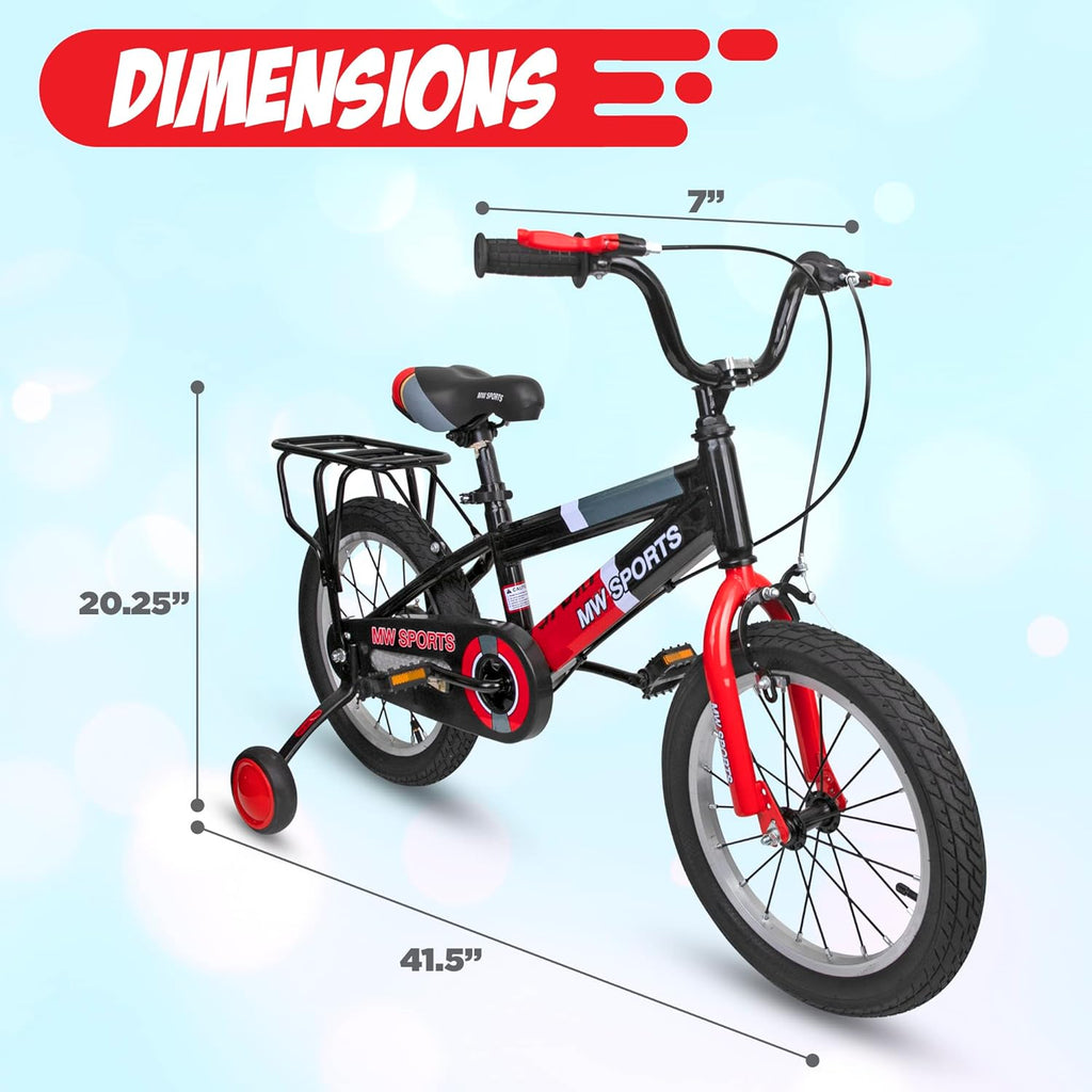 Vélo enfant MW Sports 16 pouces avec stabilisateurs amovibles, freins à main et porte-bagages arrière pour les enfants de 4 à 6 ans. - Enhanced