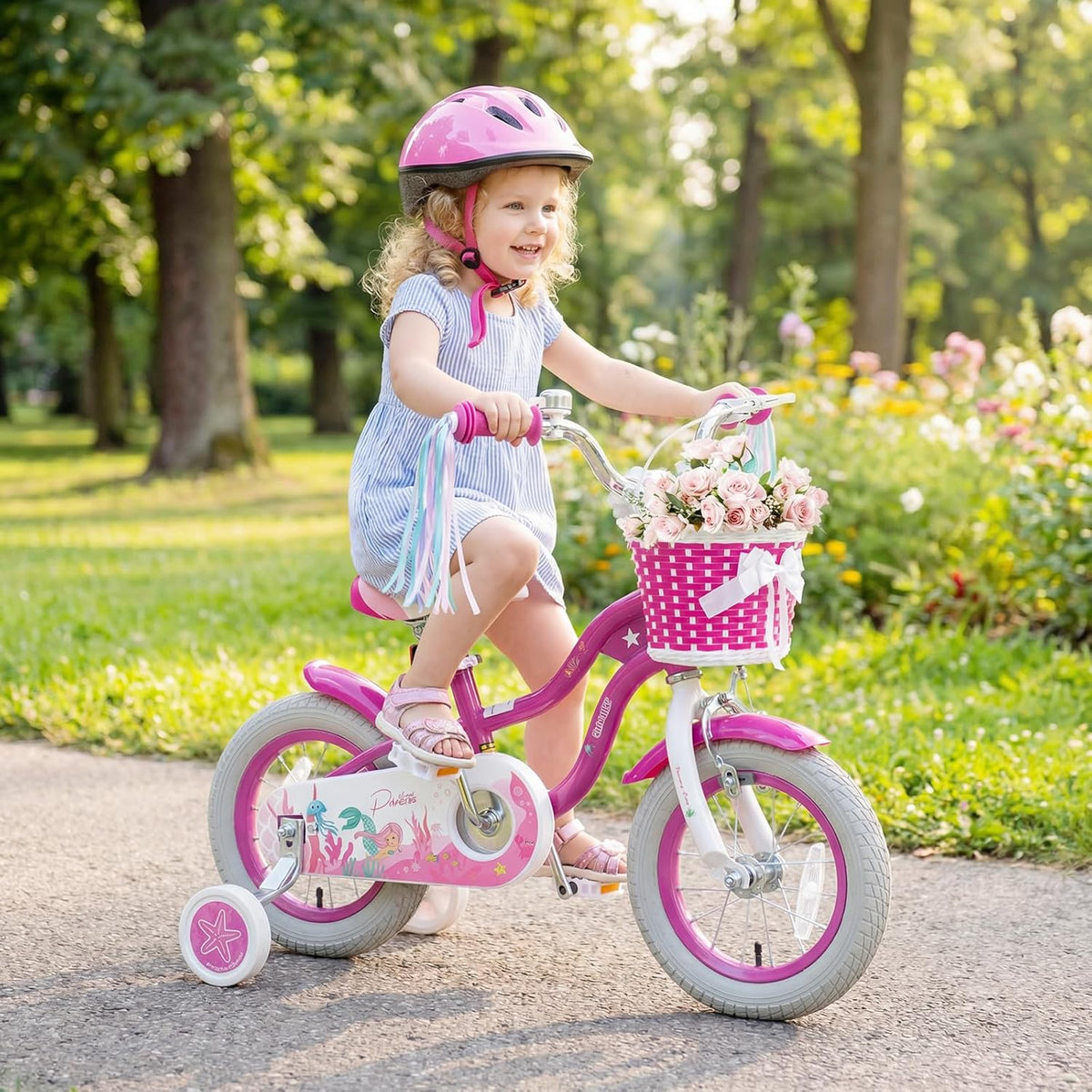 Vélo enfant Olakids, 12, 14, 16, 18 et 20 pouces, thème sirène, avec stabilisateurs, panier, selle et guidon réglables, double frein - Enhanced
