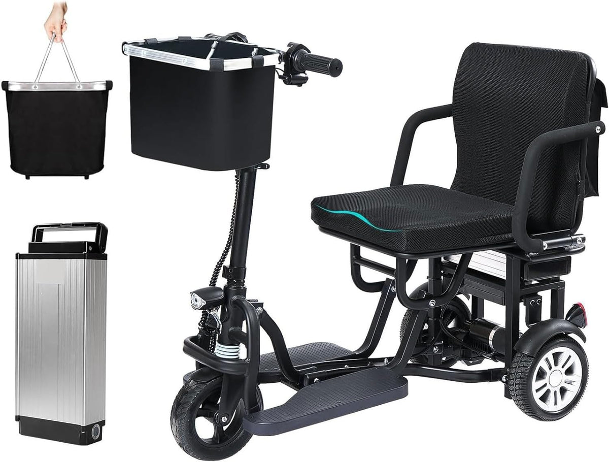 Scooter électrique pliable à 3 roues, léger, panier amovible, lumières LED, noir (noir) - Enhanced