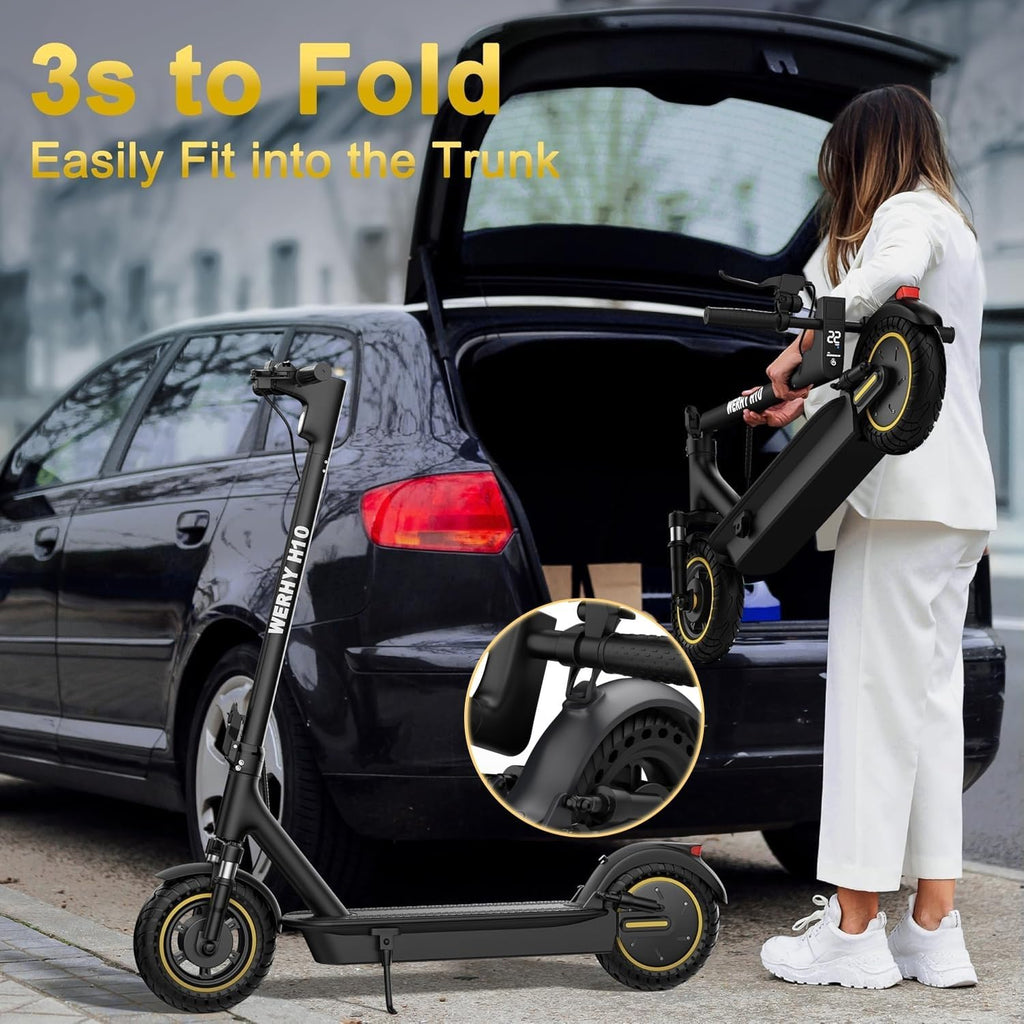 Trottinette électrique WERHY 10 pouces, moteur puissant de 500 W, autonomie de 40 à 45 km, vitesse maximale de 34 à 35 km/h, trottinette électrique pliable avec double freinage pour adultes - Enhanced