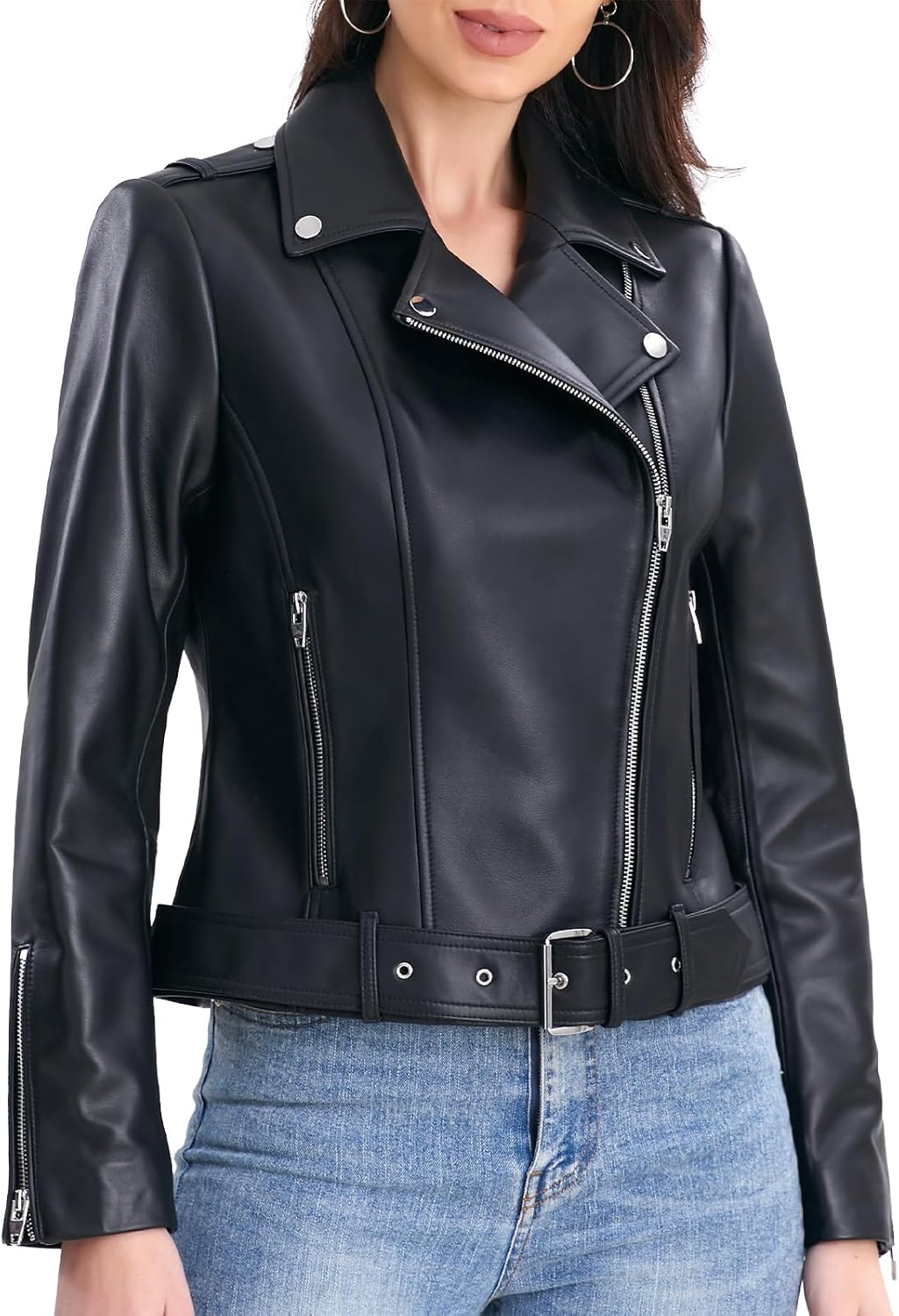 Veste en cuir d'agneau pour femme SILVER FASHIONS, blouson de moto, style classique asymétrique zippé, ceintures à boucle, poches multiples - Enhanced