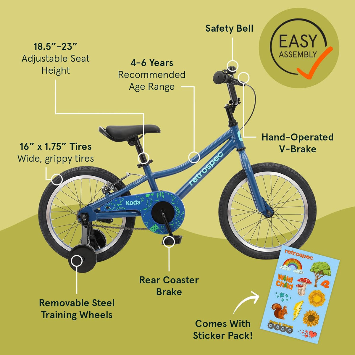 Vélo enfant Retrospec Koda Plus pour garçons et filles de 4 à 6 ans - Vélo enfant 16 pouces, selle et guidon réglables - Enhanced