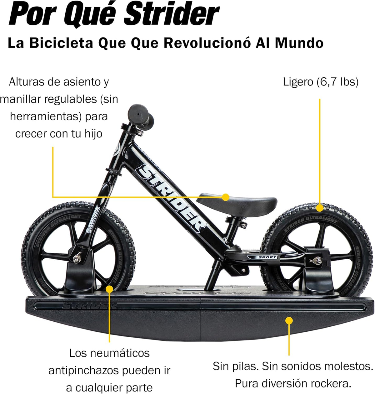 Vélo d'équilibre Strider 12" Pro + base à bascule - Aide bébé à apprendre à faire du vélo d'équilibre - Pour les enfants de 6 mois à 4 ans - Montage et réglages faciles - Enhanced