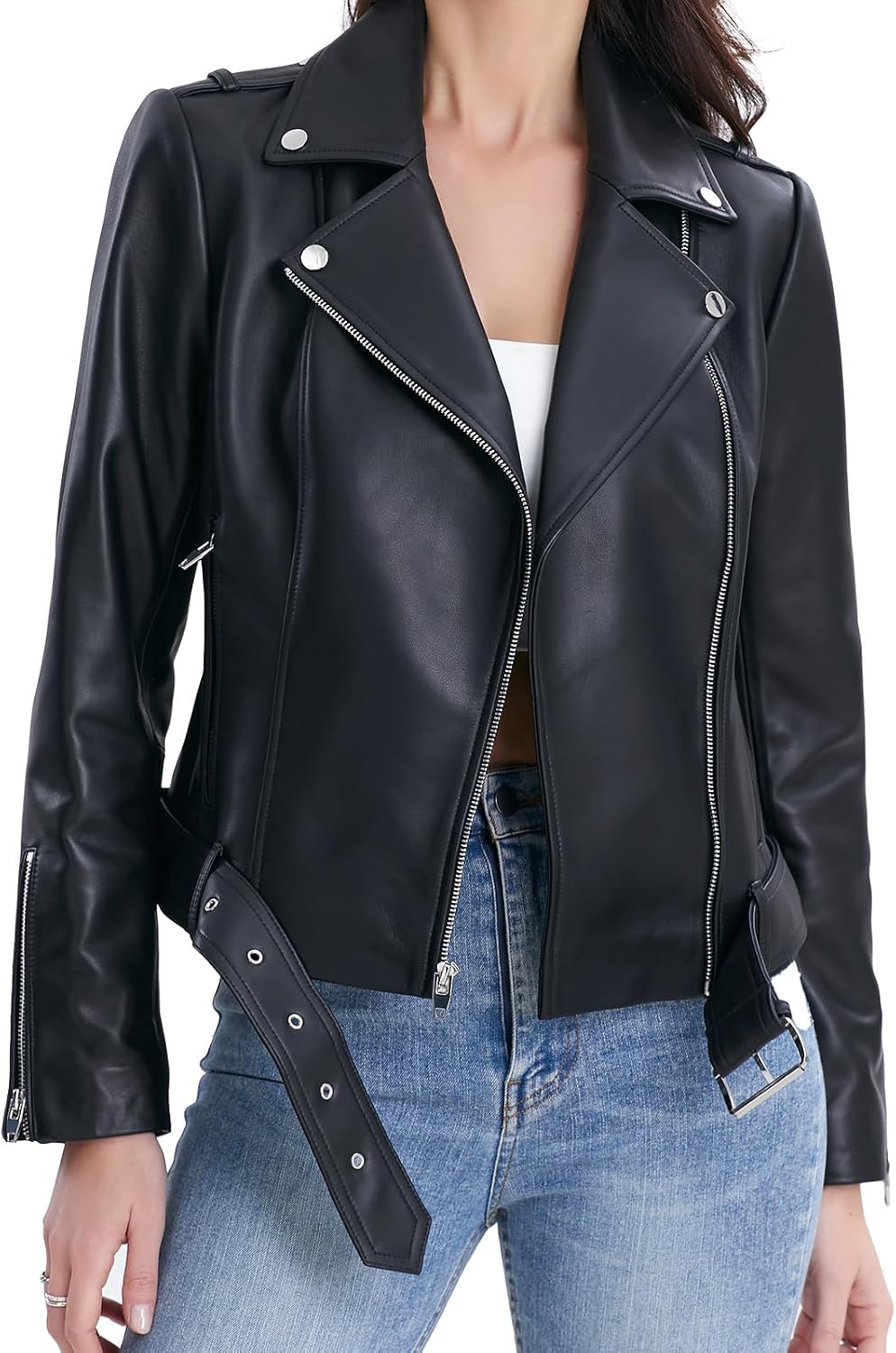 Veste en cuir d'agneau pour femme SILVER FASHIONS, blouson de moto, style classique asymétrique zippé, ceintures à boucle, poches multiples - Enhanced