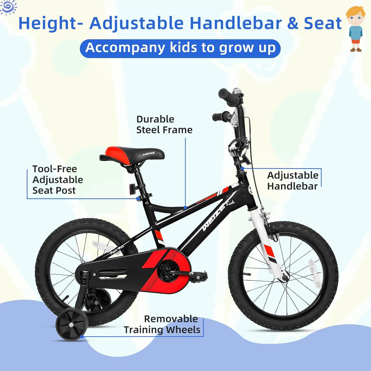 Vélo enfant WEIZE, 14, 16 et 20 pouces, pour garçons et filles de 3 à 12 ans, taille du cycliste : 81 à 152 cm, frein à rétropédalage, plusieurs coloris disponibles - Enhanced
