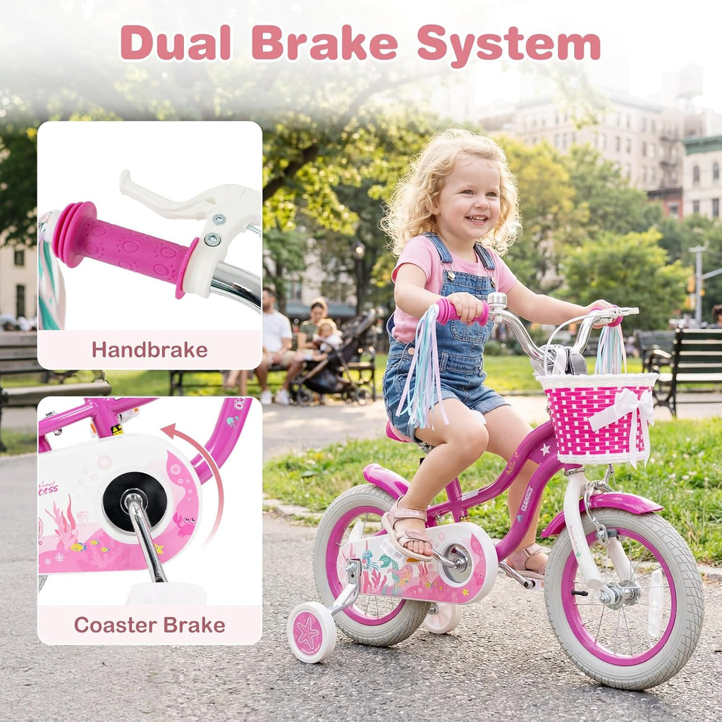 Vélo enfant Olakids, 12, 14, 16, 18 et 20 pouces, thème sirène, avec stabilisateurs, panier, selle et guidon réglables, double frein - Enhanced