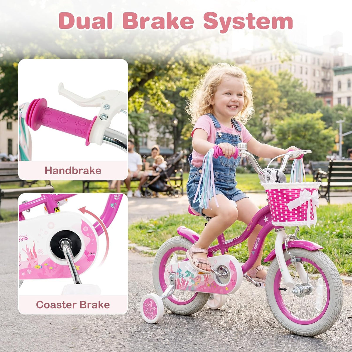 Vélo enfant Olakids, 12, 14, 16, 18 et 20 pouces, thème sirène, avec stabilisateurs, panier, selle et guidon réglables, double frein - Enhanced