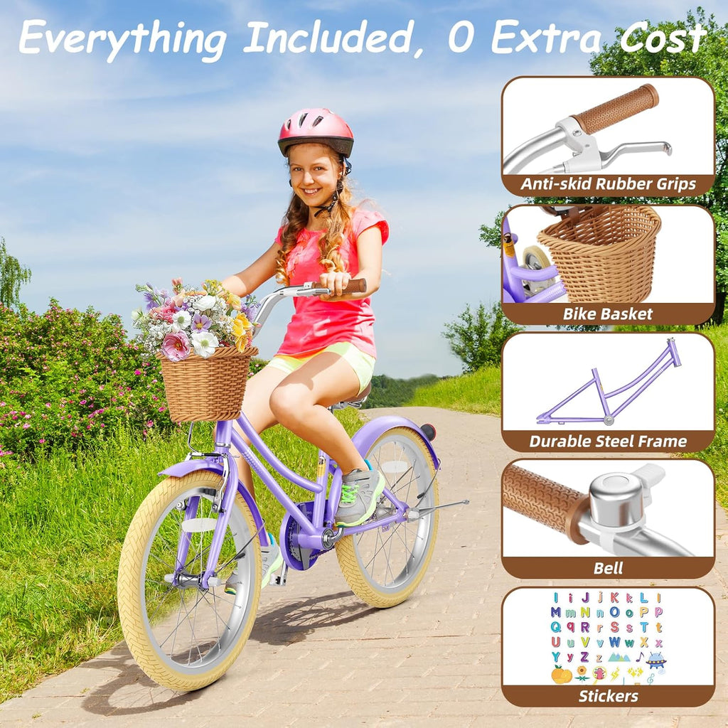 Vélo fille 67i avec stabilisateurs 12/14/16/20 pouces, pour petites filles de 3 à 12 ans, avec panier, sonnette, selle et guidon réglables, selle rembourrée et protège-chaîne. - Enhanced