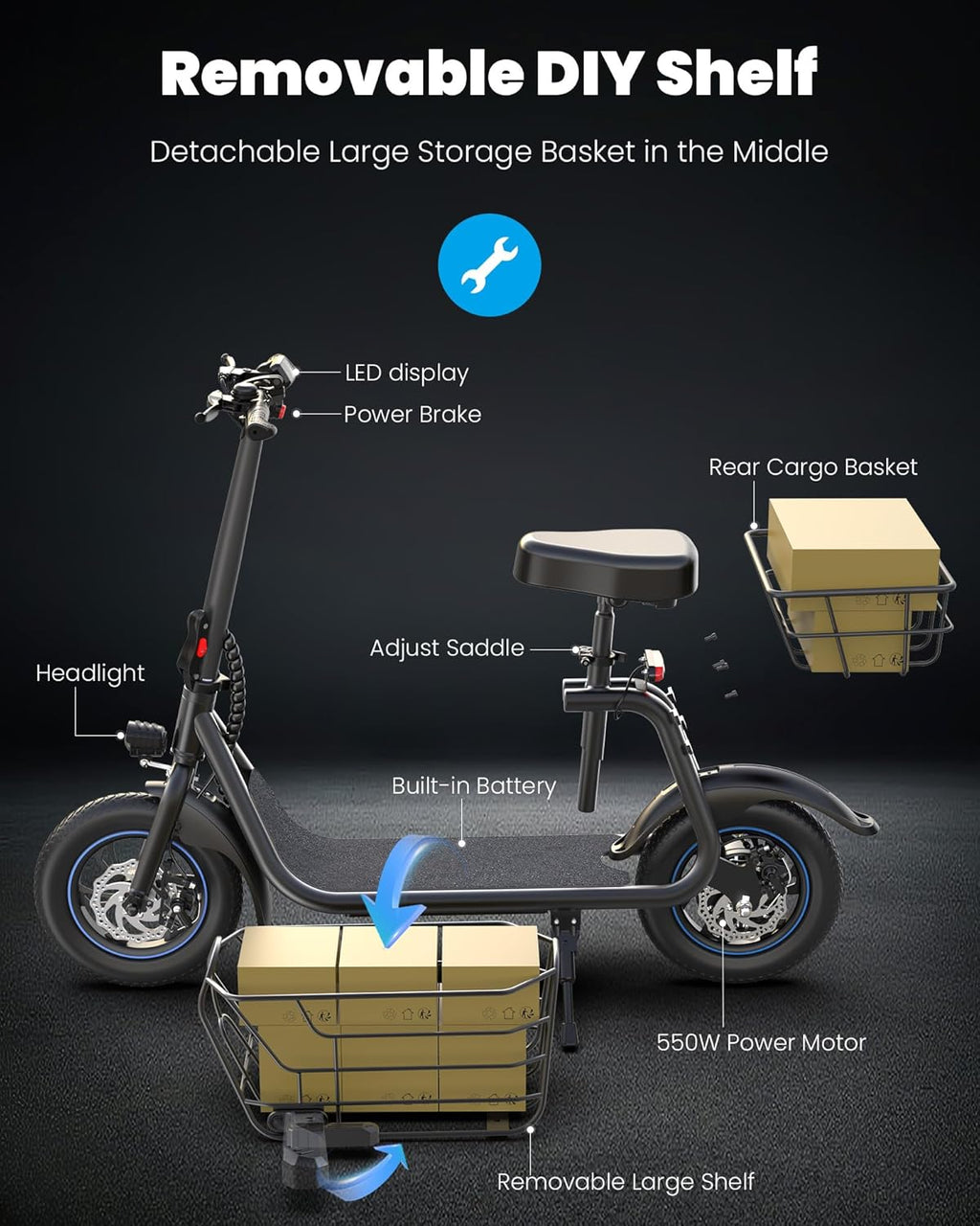 Trottinette électrique pour adultes avec grand panier central - Enhanced
