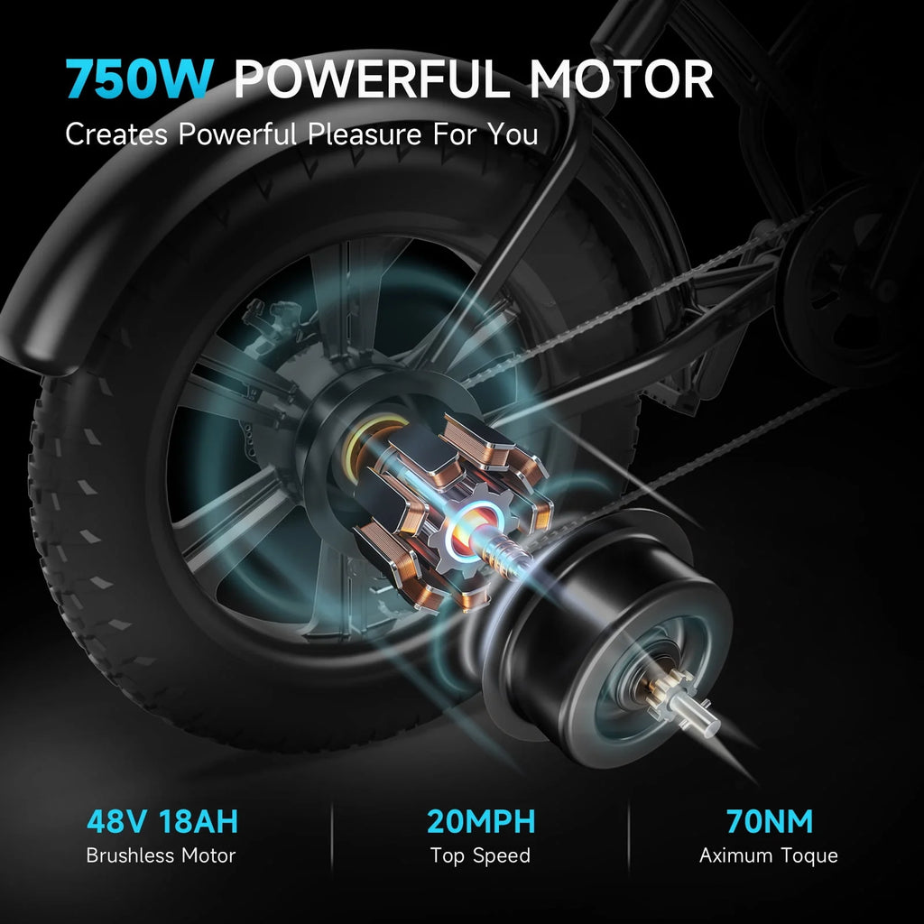 Vélo électrique Happyrun pour adultes, pneus larges de 20 pouces, moteur de 750 W, batterie amovible 48 V 18 Ah, vitesse maximale de 20 mi/h et autonomie de 68 miles. - Enhanced
