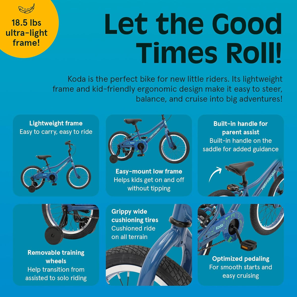 Vélo enfant Retrospec Koda Plus pour garçons et filles de 4 à 6 ans - Vélo enfant 16 pouces, selle et guidon réglables - Enhanced