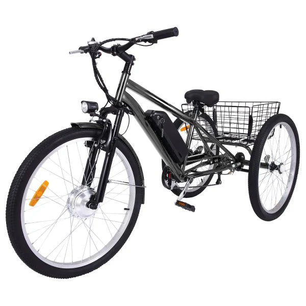 Tricycle électrique adulte 3 roues 26 pouces avec panier, pneus larges, 7 vitesses, moteur puissant 350 W, batterie amovible 36 V 10 Ah, gris foncé (Gris foncé/26 pouces) - Enhanced