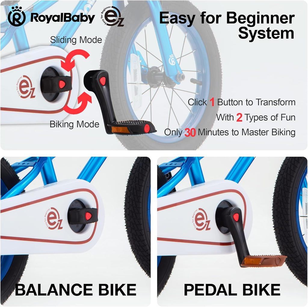 Vélo enfant RoyalBaby Terra EZ Balance, vélo convertible à pédales, 14, 16 et 18 pouces, facile à apprendre à pédaler, pour garçons et filles de 3 à 9 ans, débutants. - Enhanced