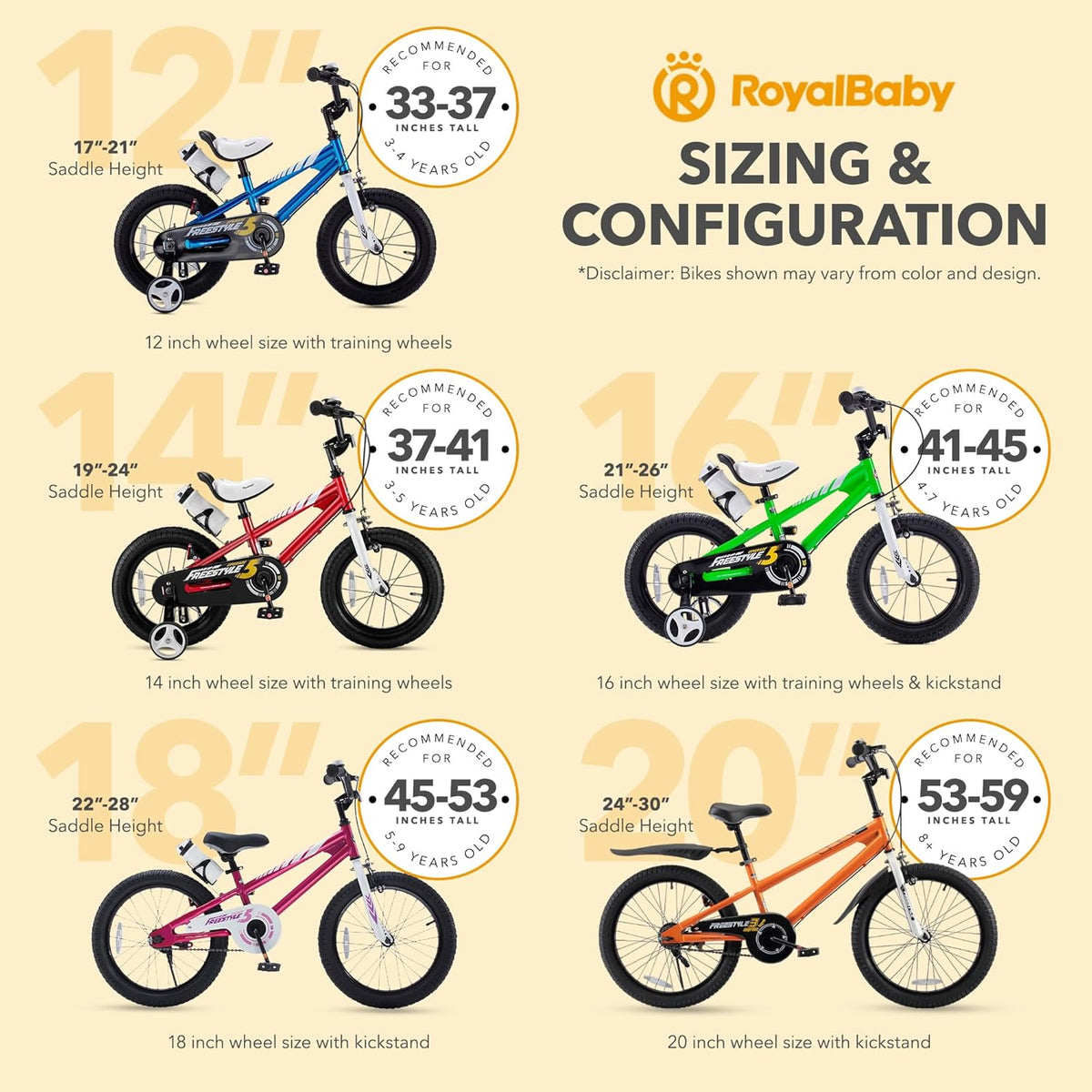 Vélo enfant RoyalBaby avec double frein à main pour débutants, tailles 12, 14, 16, 18 et 20 pouces, pour garçons et filles de 3 à 10 ans. - Enhanced