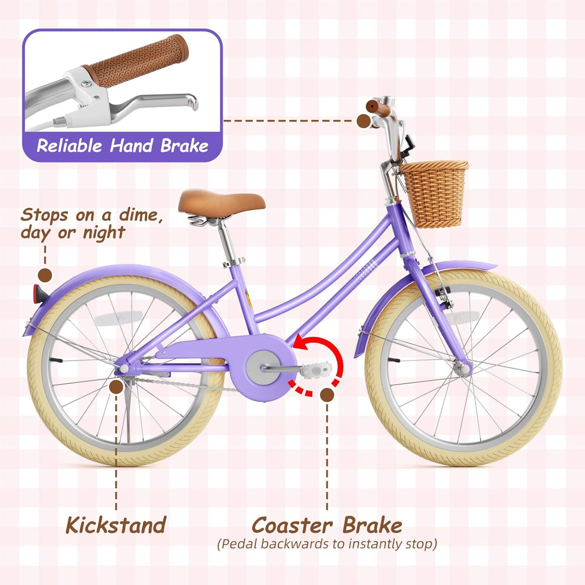 Vélo fille 67i avec stabilisateurs 12/14/16/20 pouces, pour petites filles de 3 à 12 ans, avec panier, sonnette, selle et guidon réglables, selle rembourrée et protège-chaîne. - Enhanced