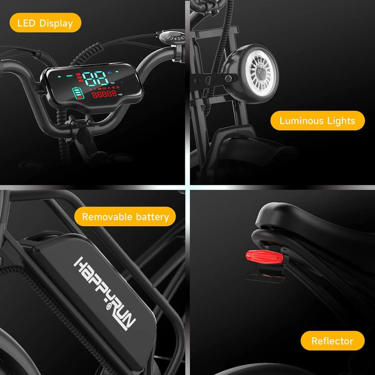 Vélo électrique Happyrun pour adultes, pneus larges de 20 pouces, moteur de 750 W, batterie amovible 48 V 18 Ah, vitesse maximale de 20 mi/h et autonomie de 68 miles. - Enhanced