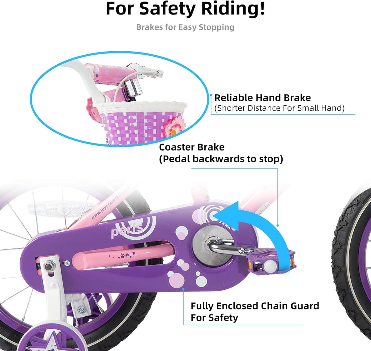 Vélo JOYSTAR Paris pour filles de 3 à 8 ans, 14, 16 et 18 pouces, avec stabilisateurs, panier et frein à main, plusieurs couleurs - Enhanced